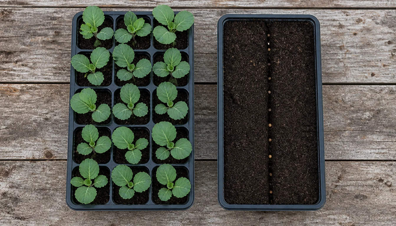 Seedling cells beside a garden row where round seeds are being sown directly