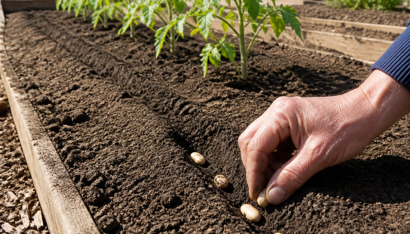 A gardener presses bean seeds into a shallow garden furrow while young tomato transplants grow in the next row