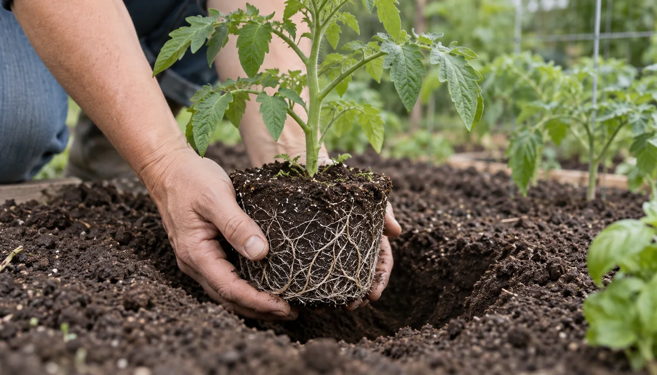 Two hands support an intact tomato root ball above a prepared planting hole