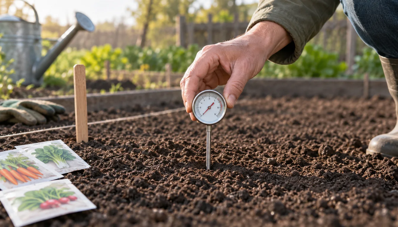 A gardener checks a prepared vegetable seedbed with a metal soil thermometer