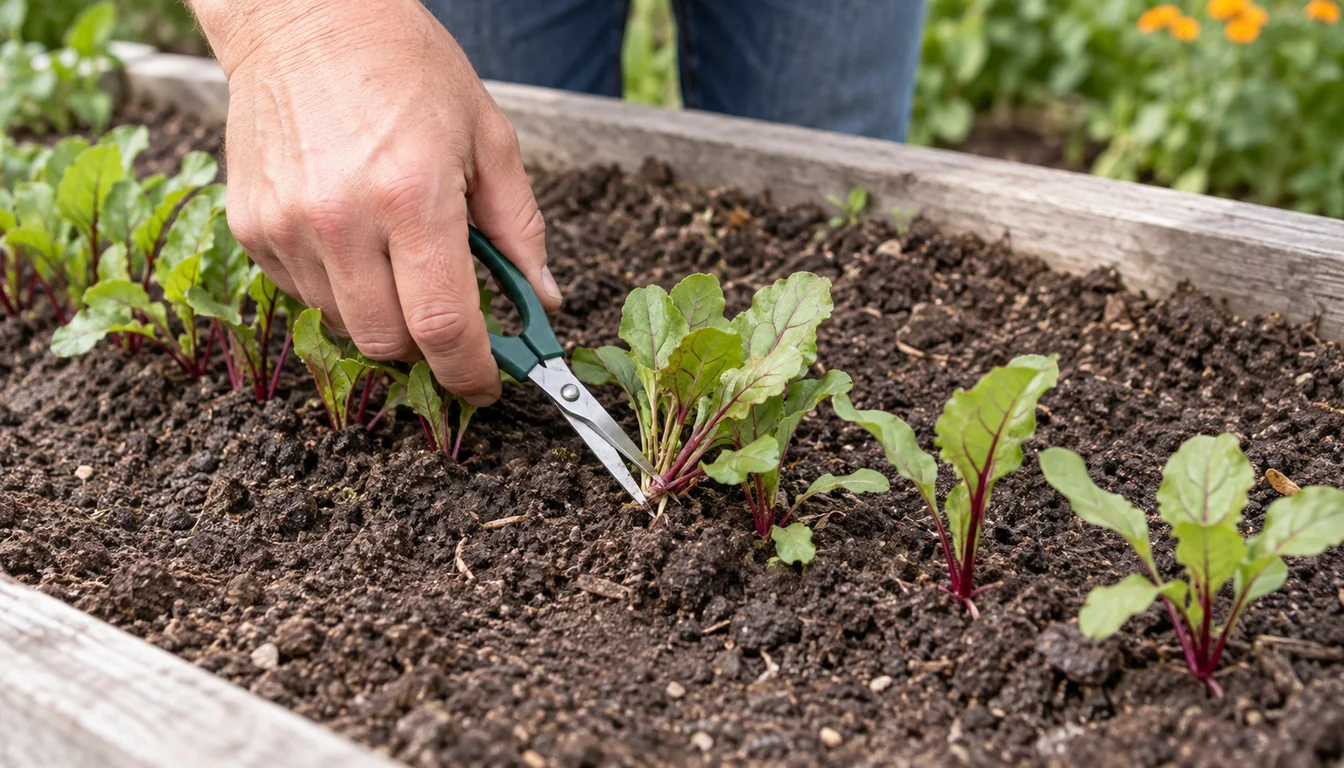 A gardener clips one crowded beet seedling at soil level while leaving evenly spaced seedlings
