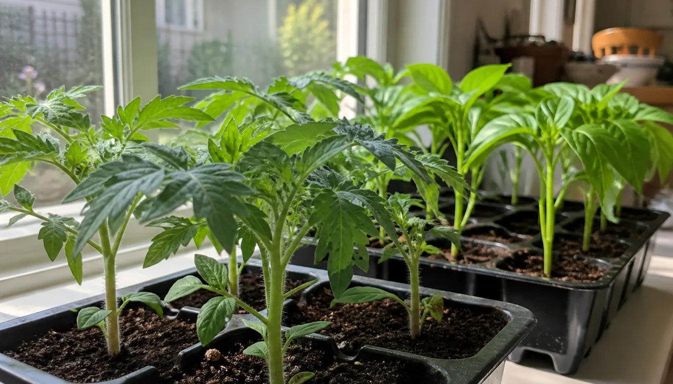 Stocky tomato and basil seedlings growing in individual cells under bright indoor light