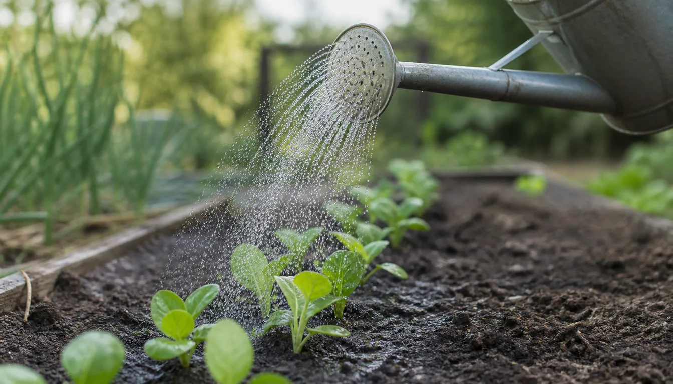 A watering can with a fine rose applies a gentle shower to young vegetable seedlings