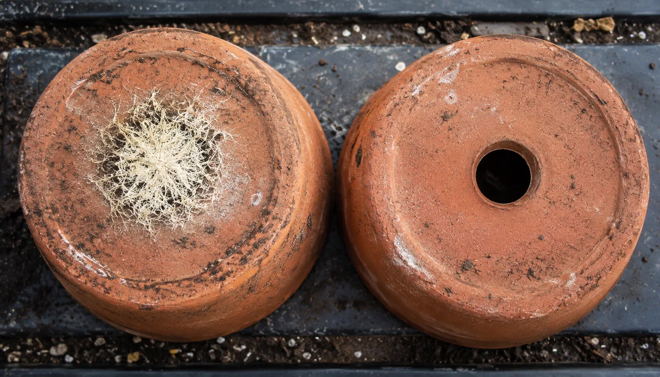 Two terracotta pots turned upside down side by side over a dark potting tray, the left drainage hole covered by a dense pale mat of fine roots and the right hole open and clear