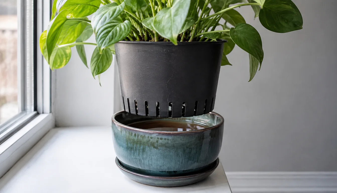 Pothos in a slotted black plastic nursery pot lifted clear of a teal glazed ceramic outer pot on a windowsill, with water standing in the bottom of the outer pot