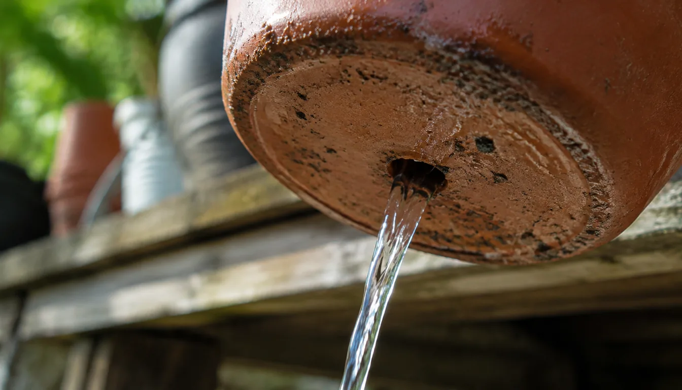 Close view of water flowing from an opening in the bottom of a tilted terracotta pot