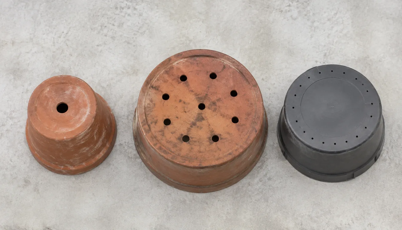 Three plant pots turned upside down in a row on pale concrete, a small terracotta pot with one central hole, a wide terracotta pot with nine holes spread across its base, and a black plastic pot with a ring of pinprick holes