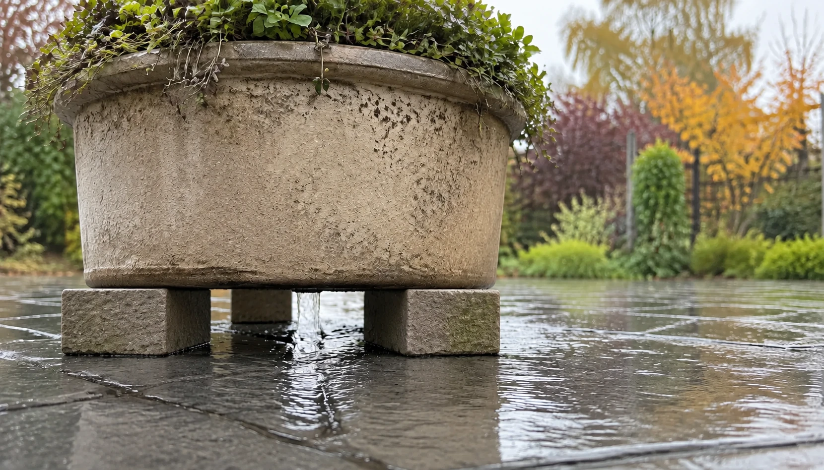 Large outdoor planter supported on broad solid stone blocks with an open gap and water draining onto wet paving