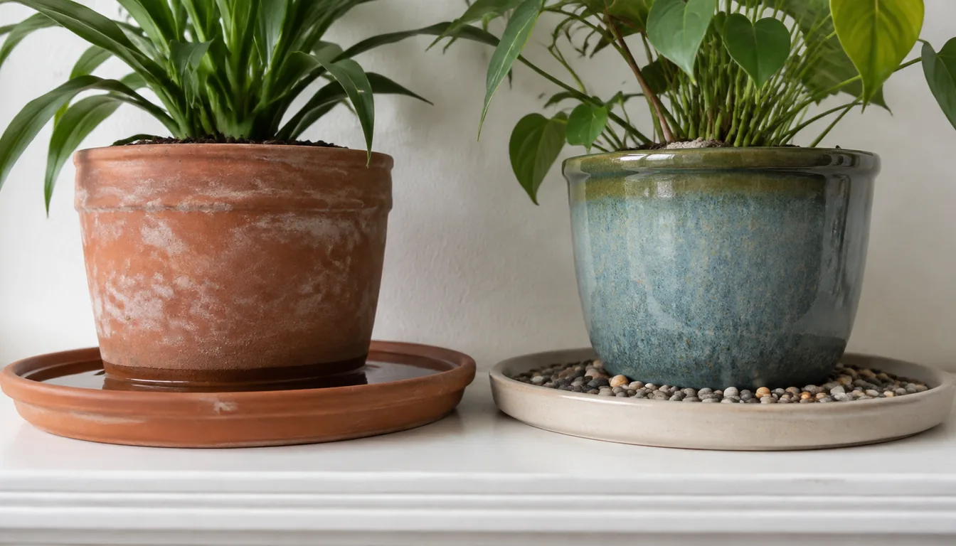 Two potted plants side by side at shelf level, the left terracotta pot standing in a film of water in its saucer and the right glazed pot resting on pebbles with the water line below its base