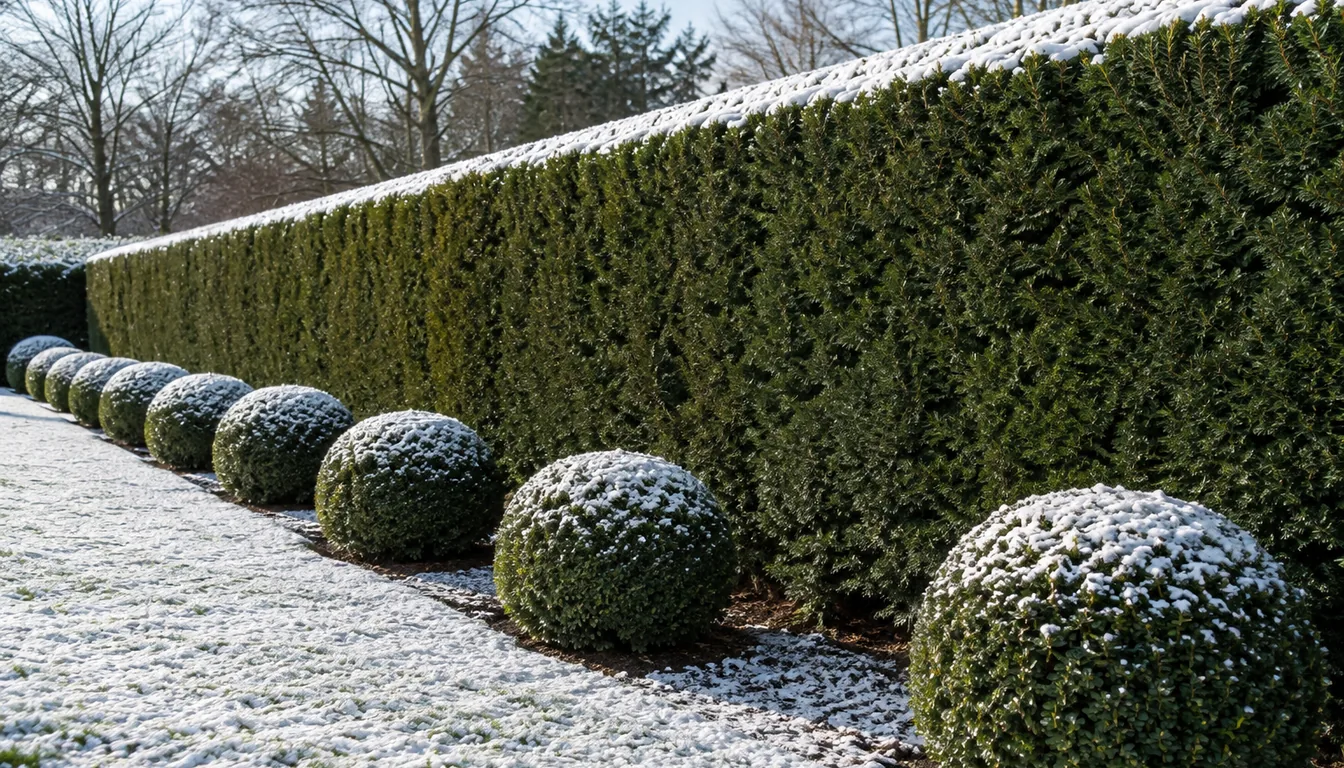 A dense clipped yew hedge forming a screen along a property edge with rounded boxwood balls spaced in front and a light dusting of snow on the hedge top