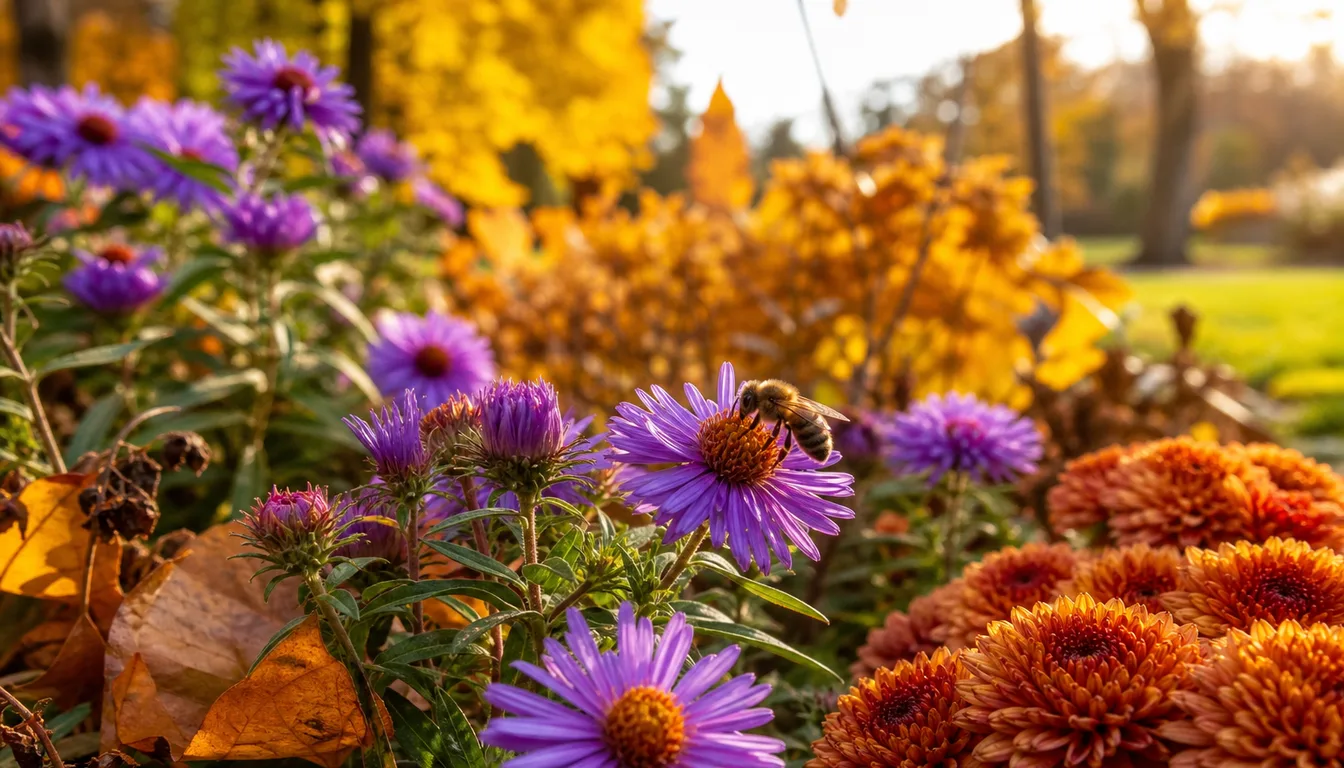 A garden border still carrying full color in October, with late-season flowers blooming and some surrounding foliage already turning