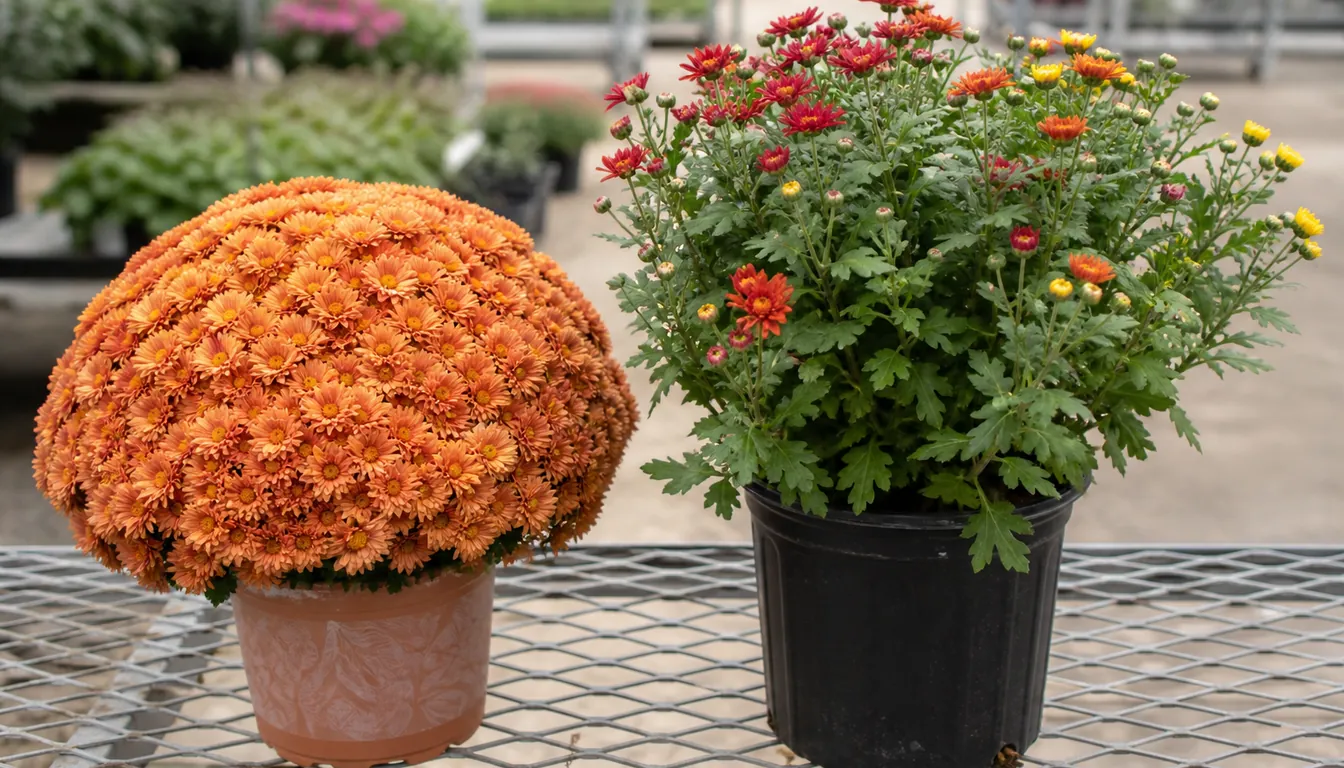Two chrysanthemums side by side on a garden center bench, the left a tight dome smothered in flowers with no foliage visible in a decorative pot, the right a leafier open plant with green leaves and unopened buds in a plain nursery pot
