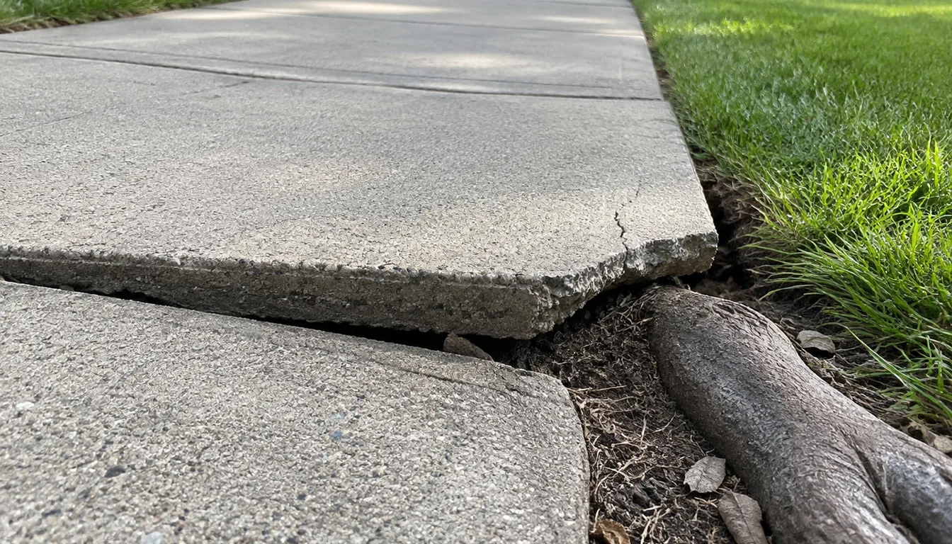 A large woody surface root lifting and cracking the edge of a concrete sidewalk