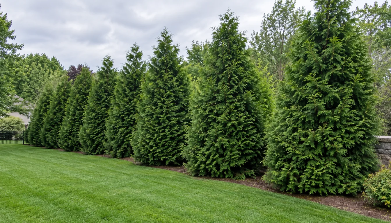 A mature row of dense Green Giant arborvitae with clear space between the trunks and a residential boundary