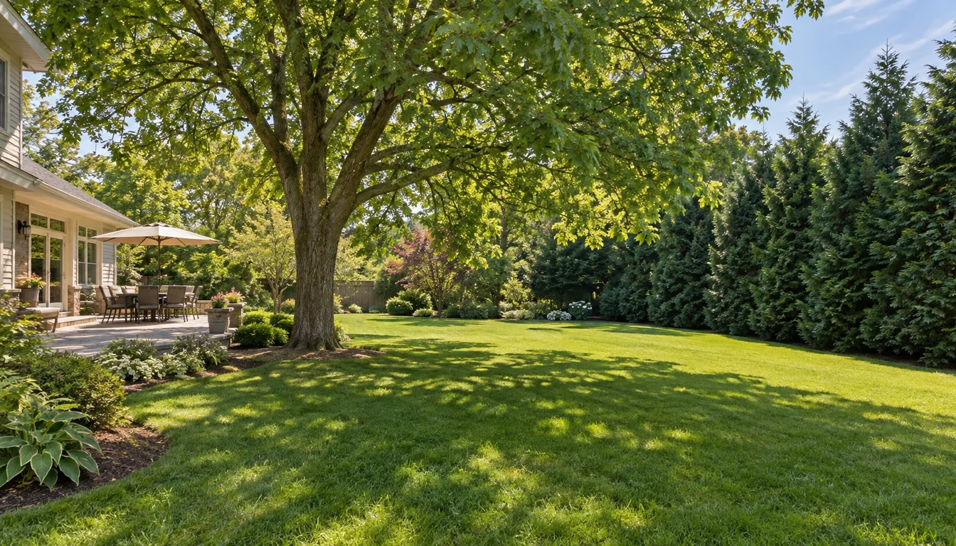 A broad deciduous shade tree and a dense evergreen screen serving different jobs in a spacious residential landscape