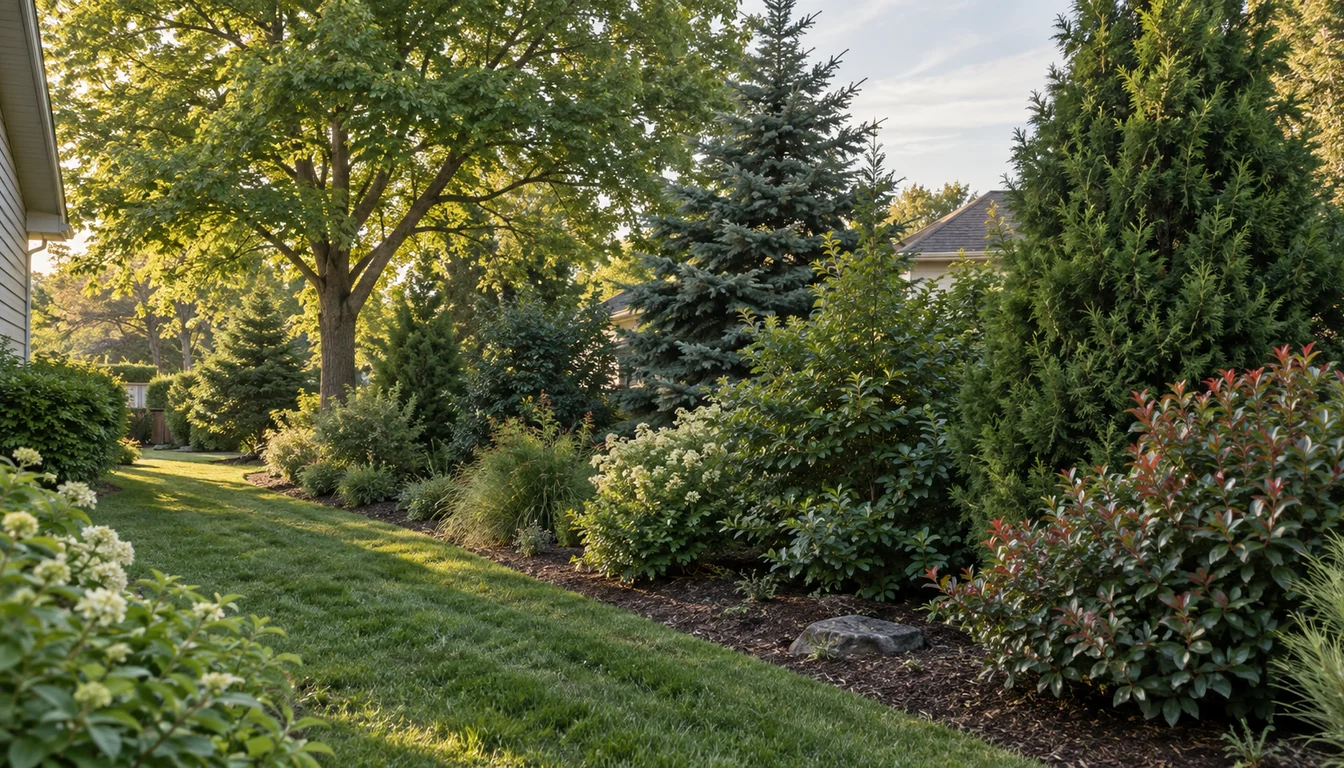 A spacious layered residential planting with a broad deciduous canopy, several distinct evergreen forms, and lower shrubs blocking different sightlines