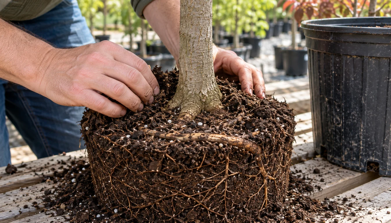 Hands exposing the trunk flare on a container-grown young tree and identifying a circling root at the edge of the root ball