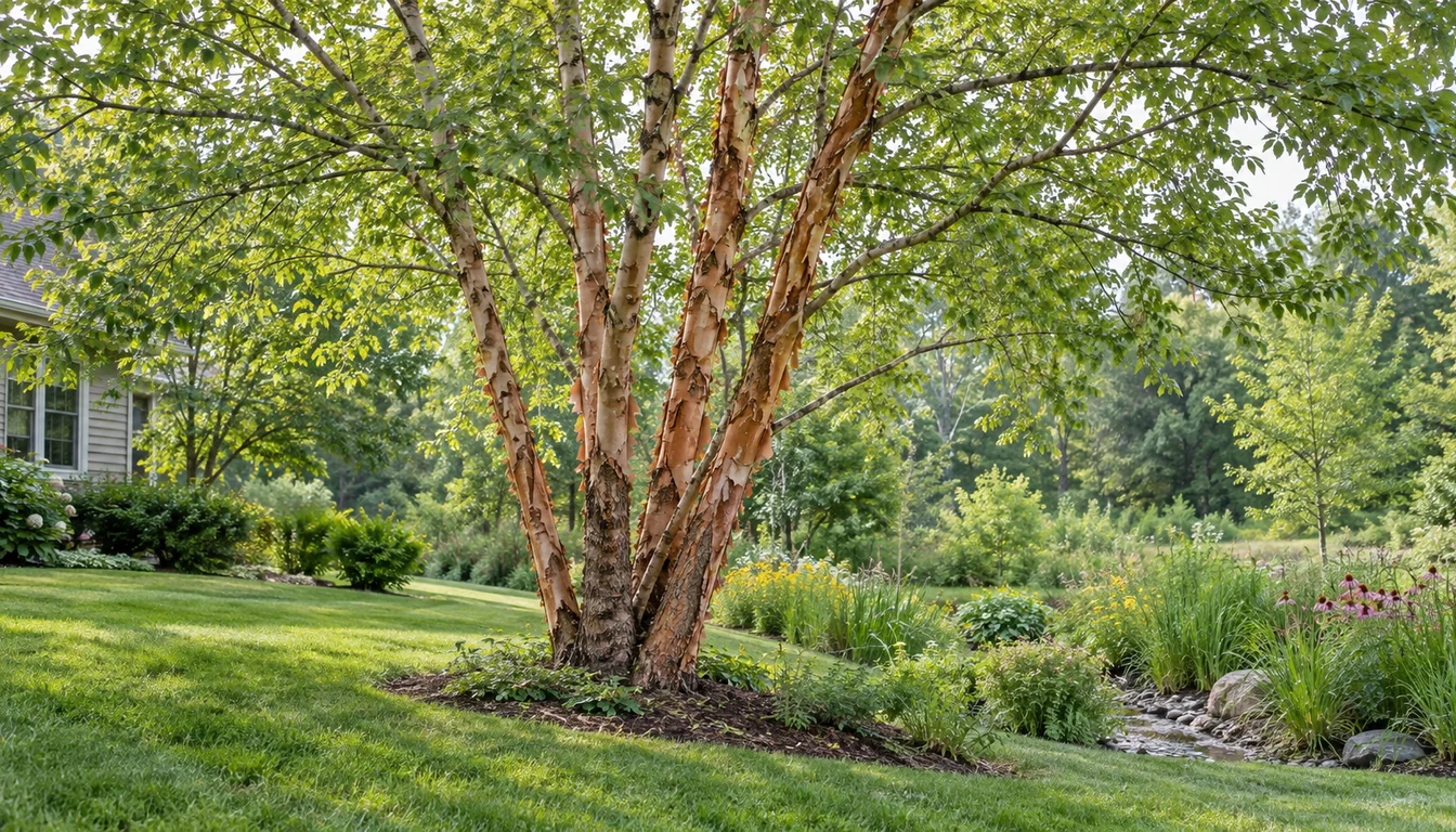 A mature multi-trunk river birch with peeling bark spreading a light canopy beside a moist lawn