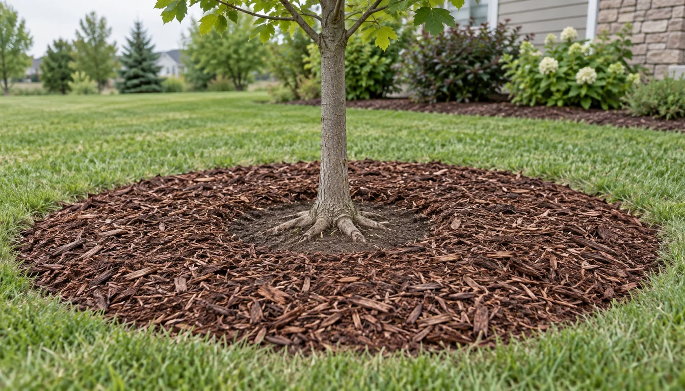 A newly planted tree with the trunk flare visible at soil grade, a broad shallow planting area, and mulch held away from the bark
