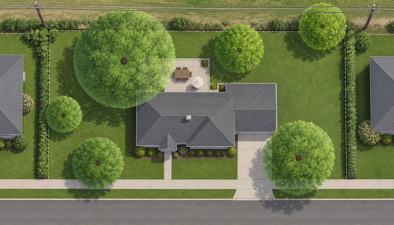 Top-down raster landscape plan showing mature canopy circles placed around a house, patio, property line, sidewalk, and utility corridor