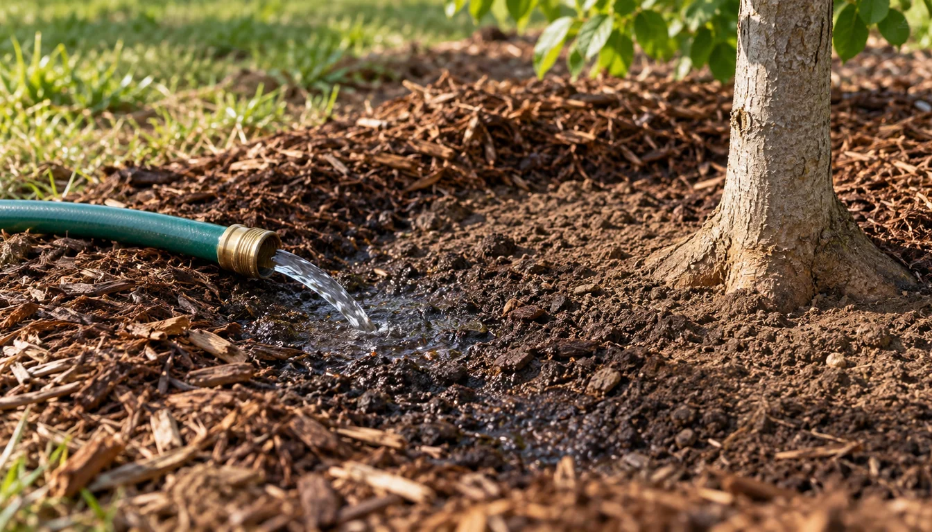 A hose applying a slow stream across both the root ball and adjacent soil of a newly planted young tree
