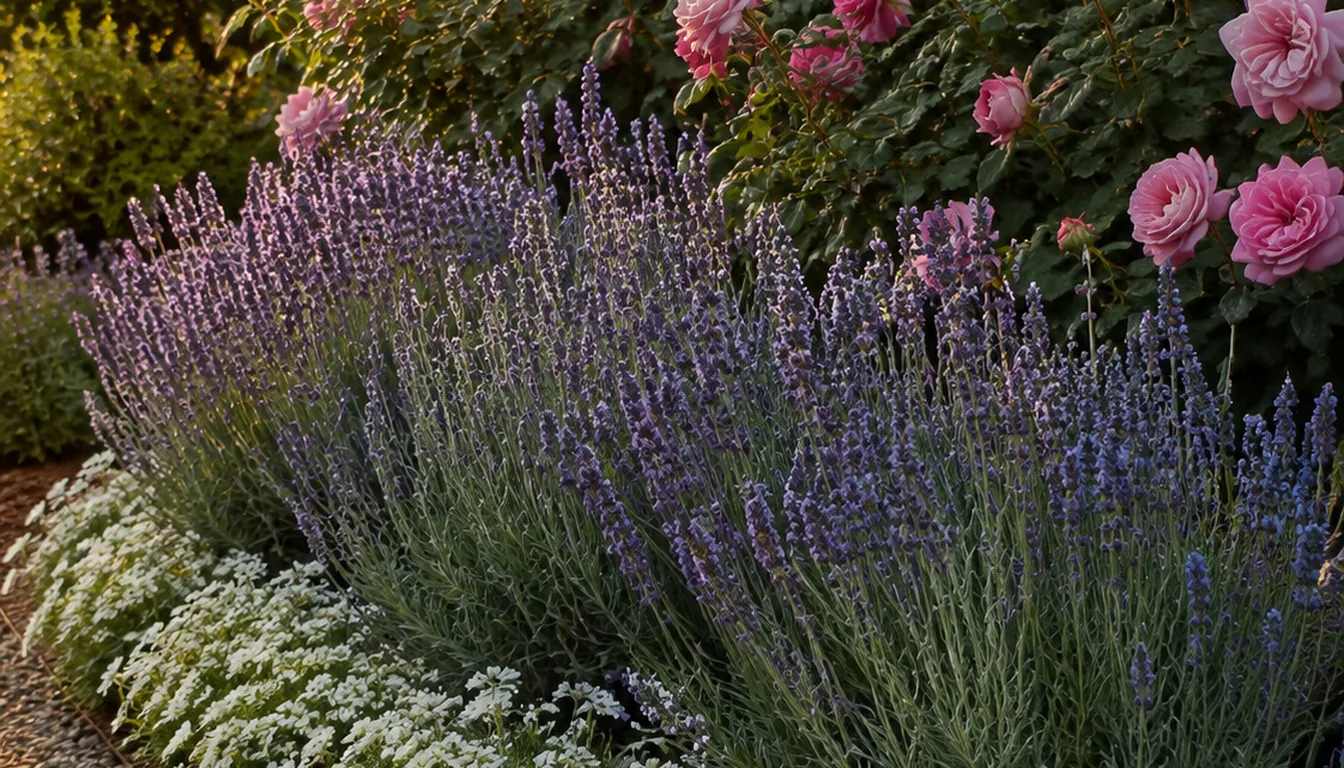 A layered border with white alyssum in front of lavender mounds and pink roses