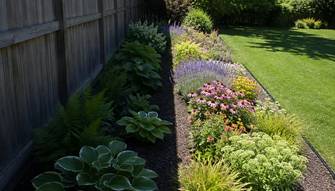A long border divided by a clear fence shadow, with hostas in shade and flowering perennials in sun