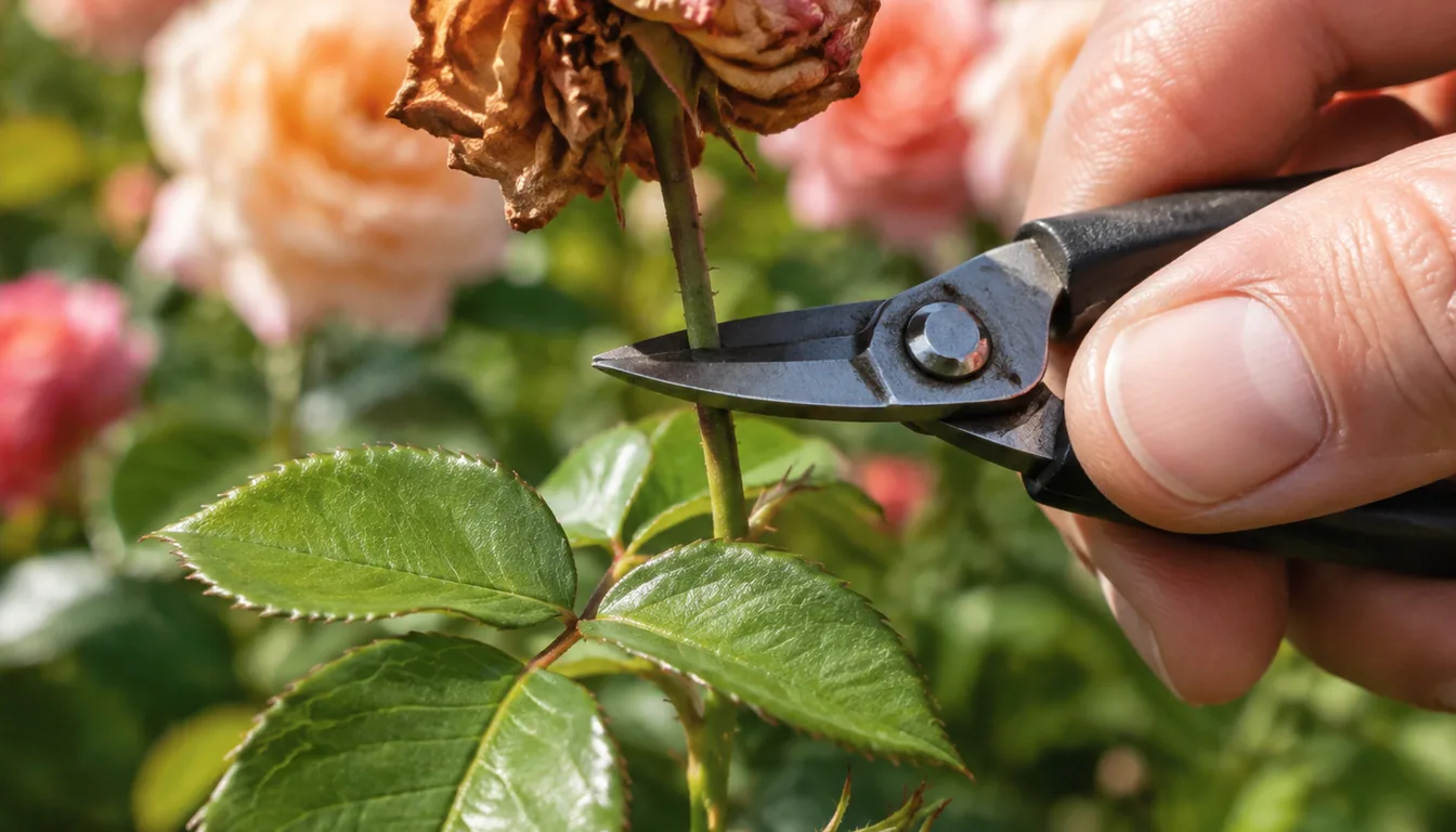 Bypass pruners removing a spent rose flower just above a healthy outward-facing leaf