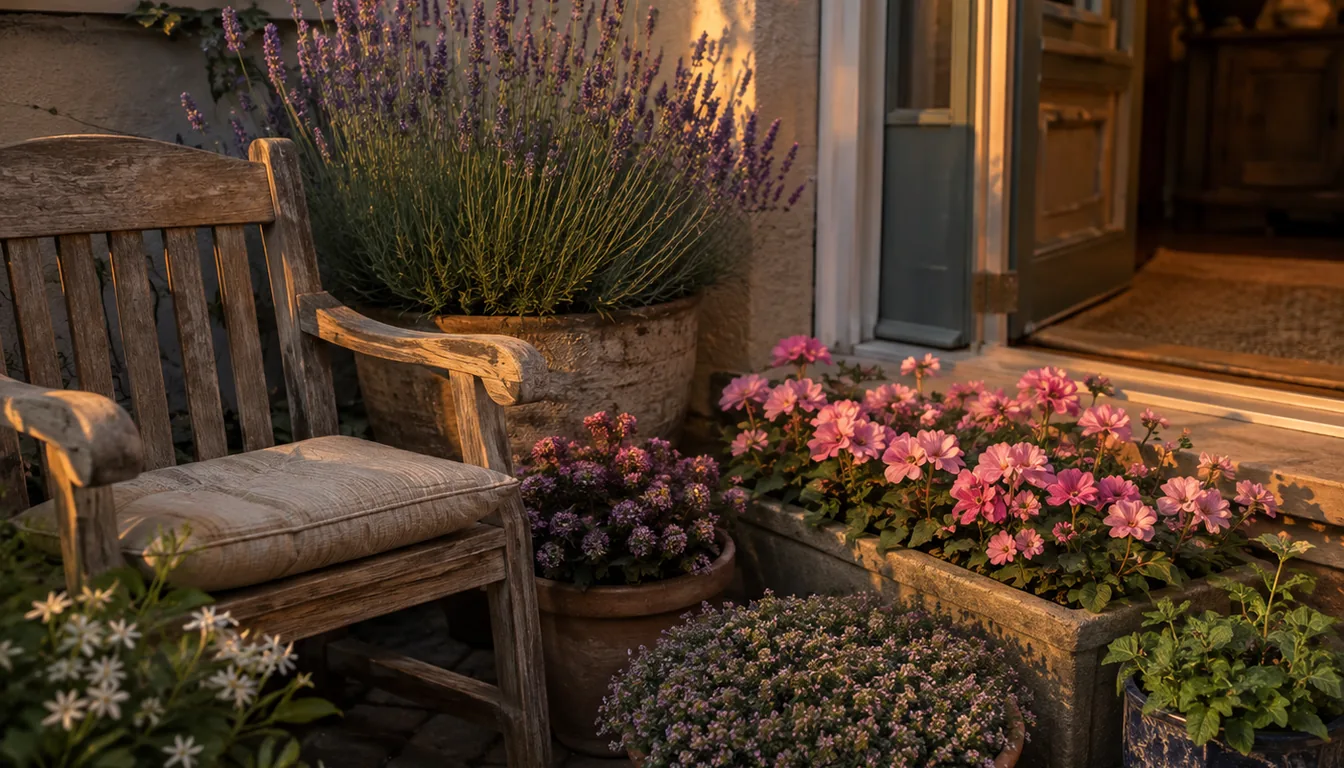 Lavender and low flowering containers grouped beside a patio chair and an open doorway
