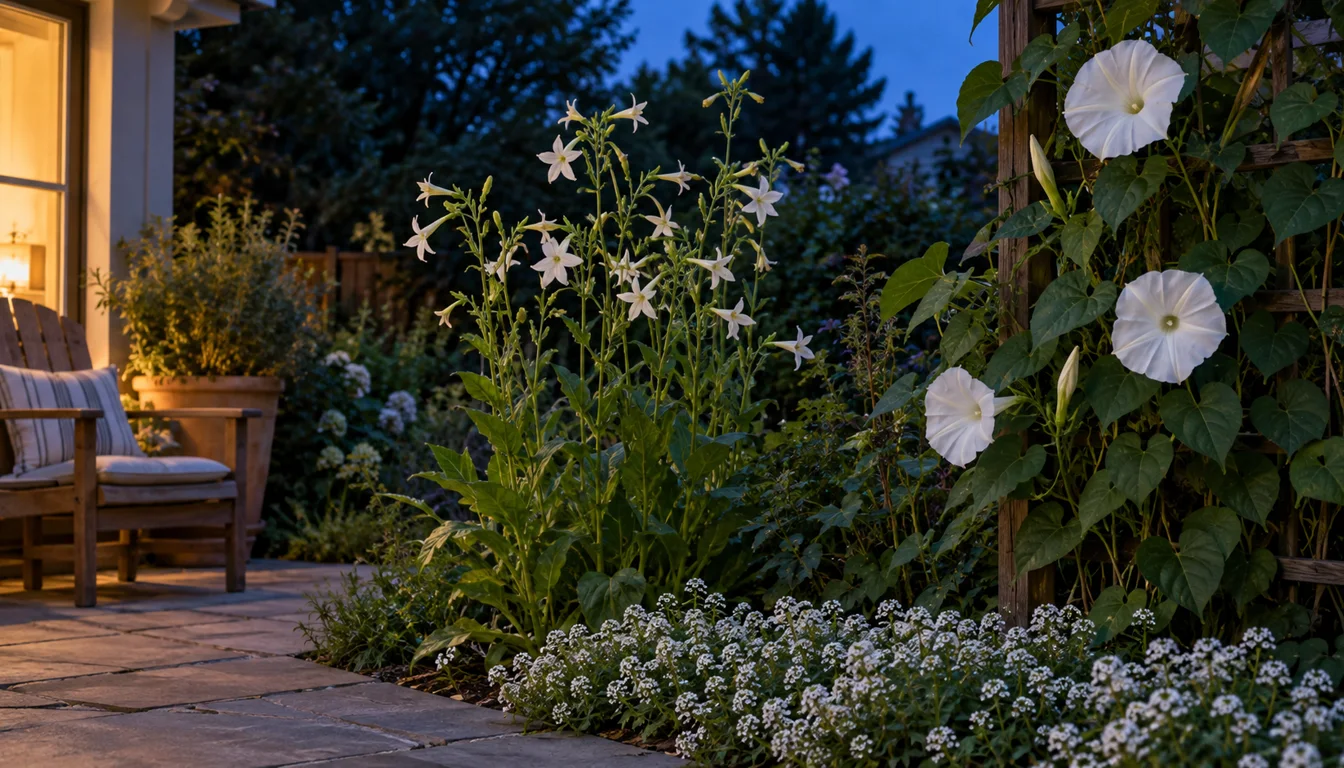 White flowering tobacco, open moonflowers on a trellis, and sweet alyssum beside a patio at blue hour