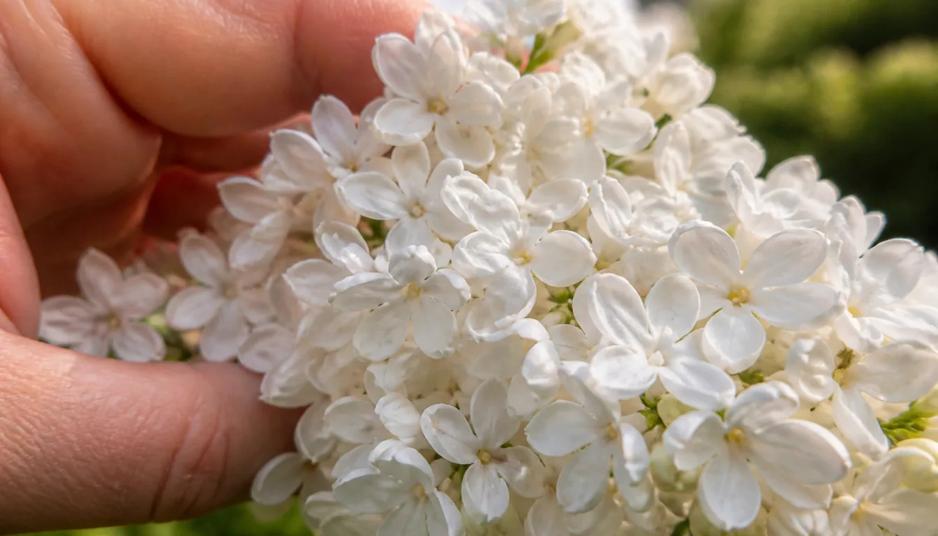 A hand holding a dense cluster of white lilac flowers close enough to see each four-lobed floret