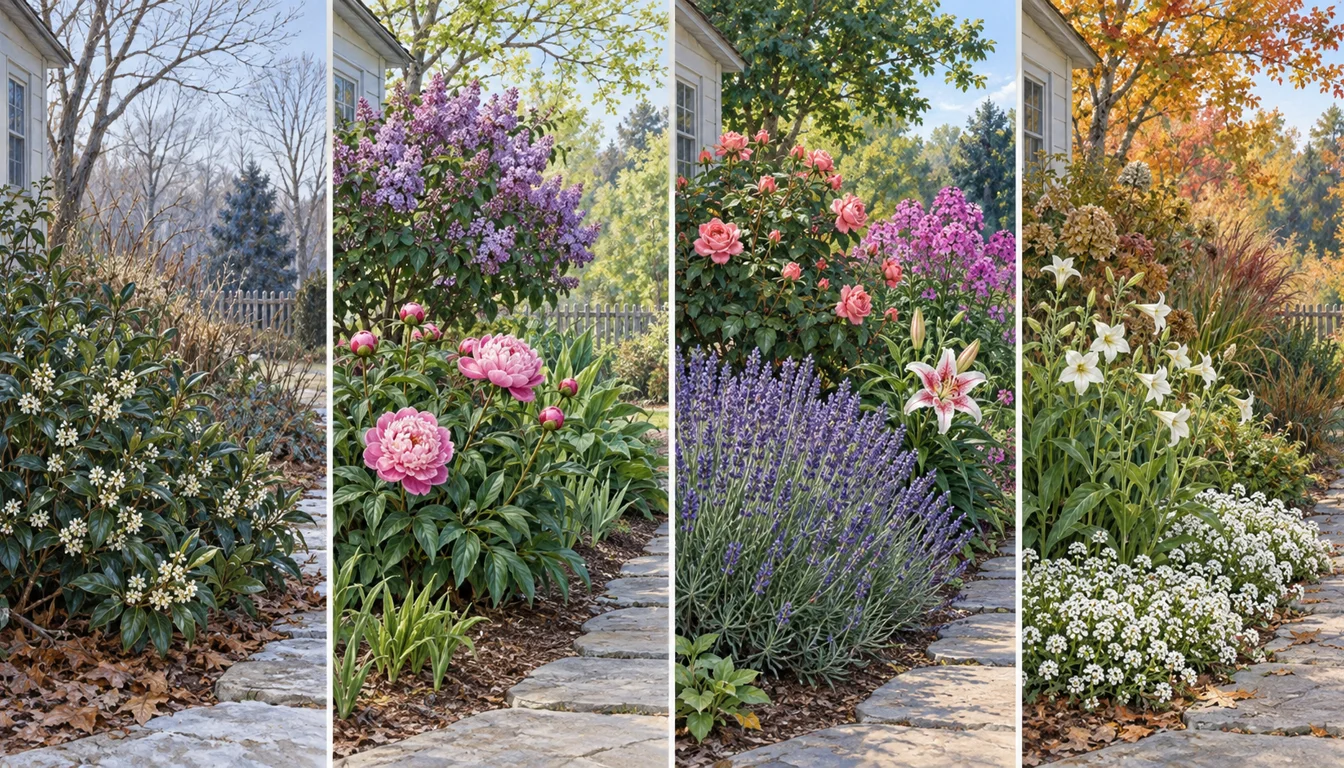 Four separate garden panels showing sweet box in late winter, lilac and peony in spring, rose lavender phlox and lily in summer, and flowering tobacco with alyssum in fall