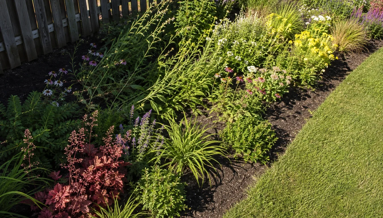 A perennial bed with bright sun on the right and visible fence shade on the left