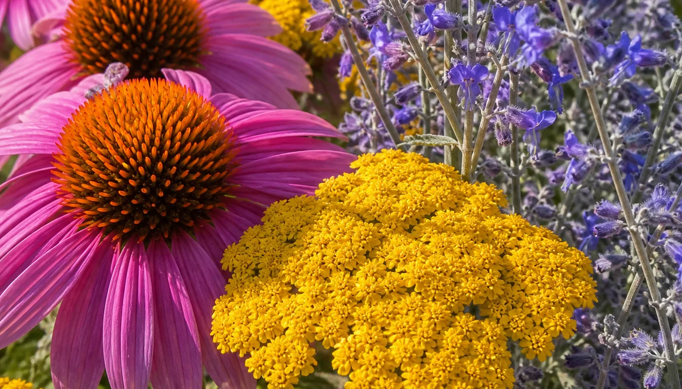 Purple coneflower, golden yarrow, and airy blue Russian sage flowers shown together