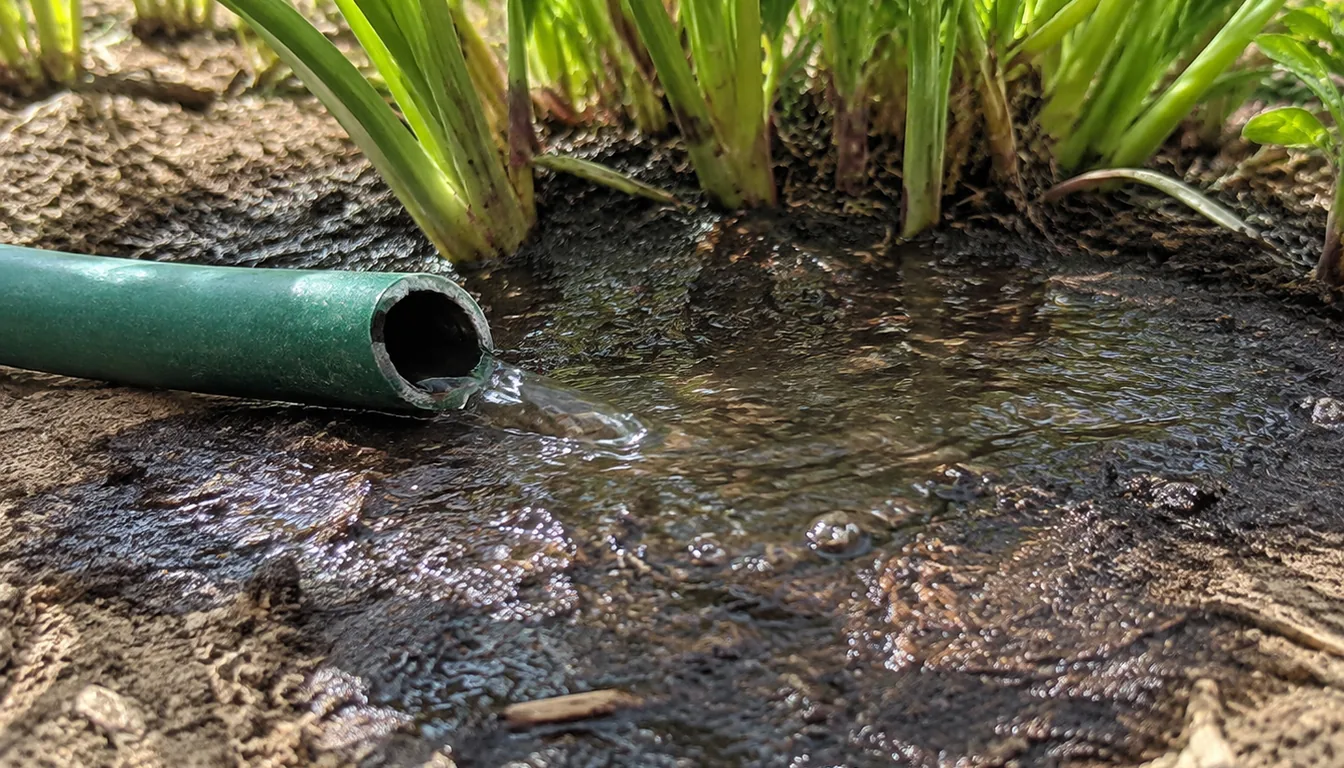 Water flowing from a green hose onto bare soil around perennial stems