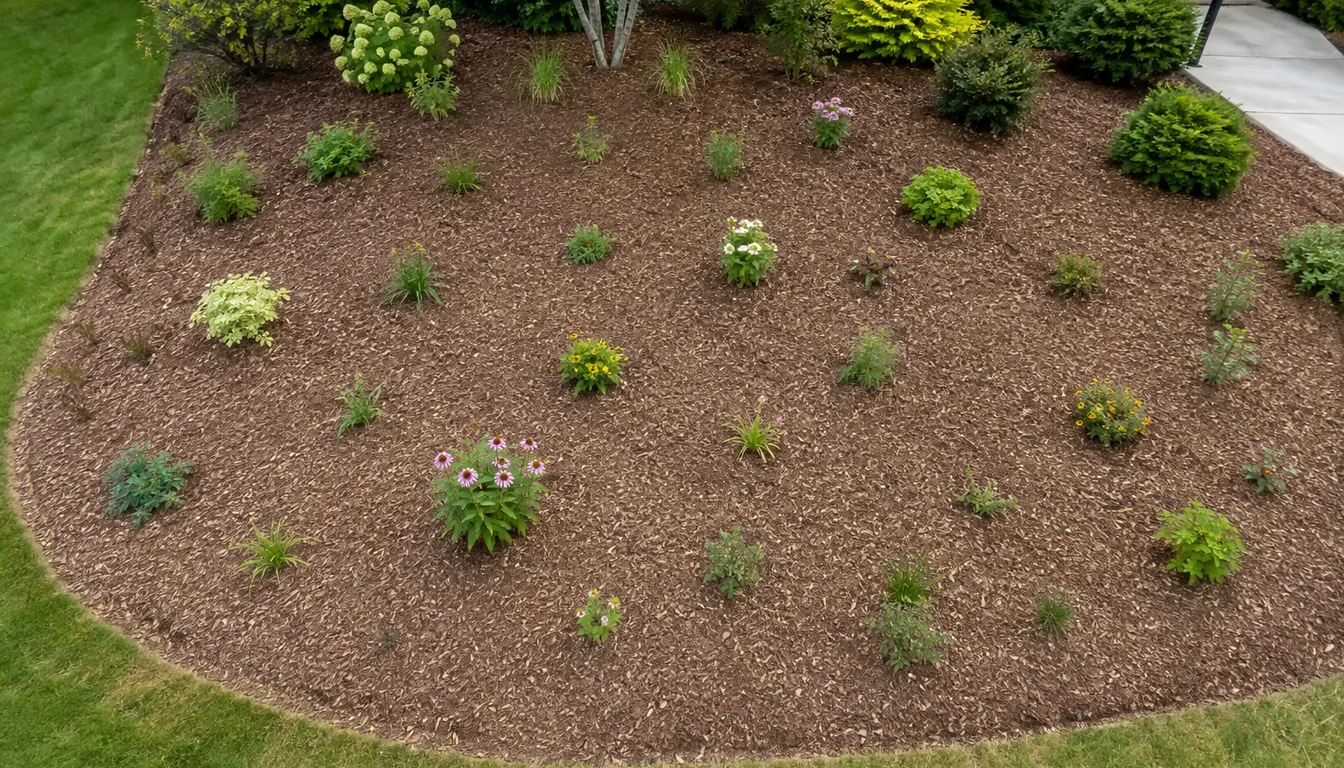 Small first-year perennials spaced across bark mulch with open ground between each plant