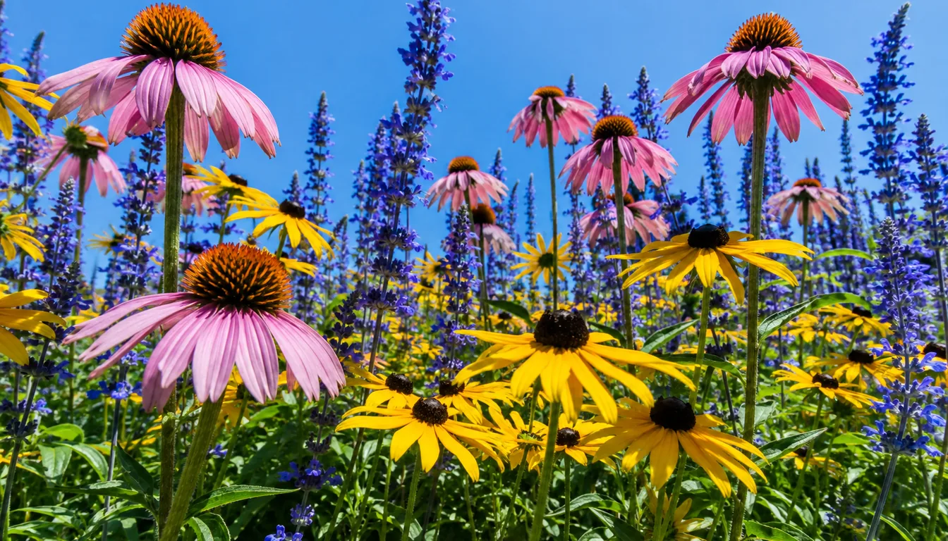 Purple coneflowers, golden black-eyed Susans, and blue flower spikes growing in a sunny perennial border
