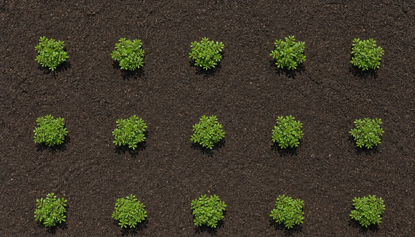 Small green ground cover plants arranged in evenly spaced offset rows across prepared soil