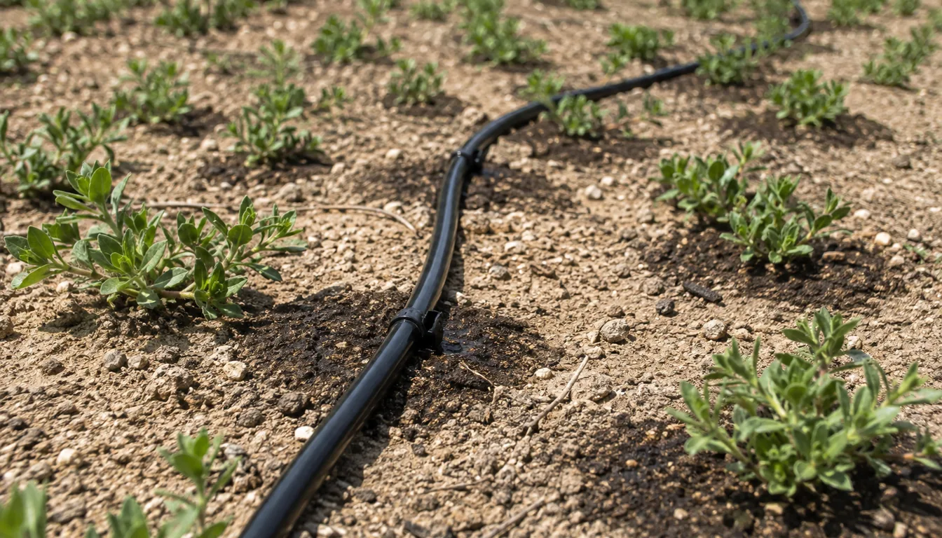 Drip tubing curving past young ground cover plants in dry, gravelly soil