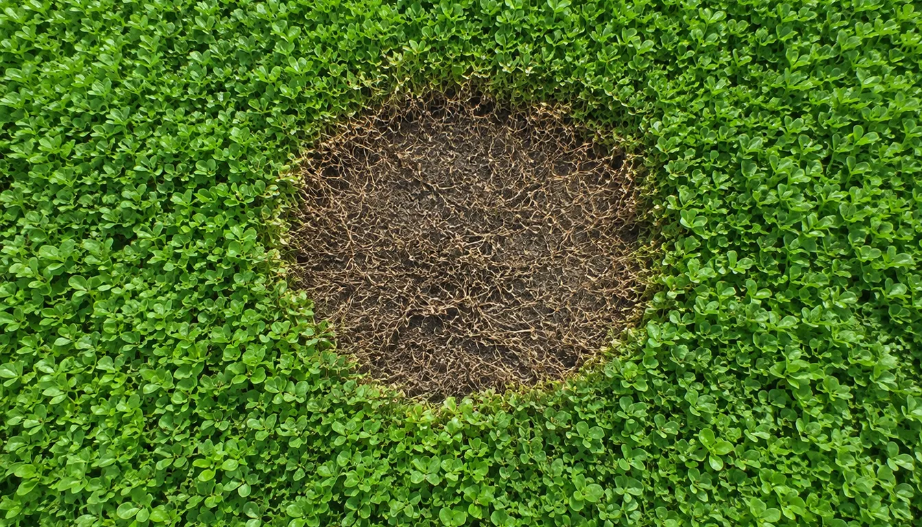 A round bare brown patch surrounded by healthy dense green ground cover