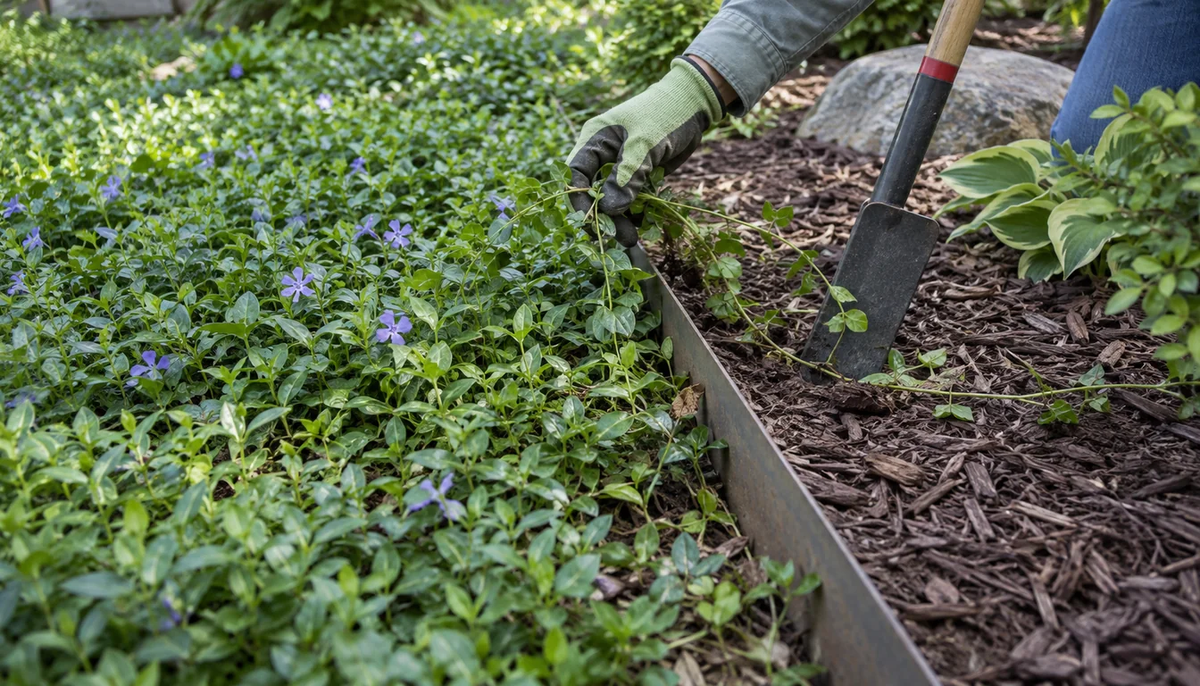 A gardener lifting ground cover runners back from a metal bed edge with a flat spade