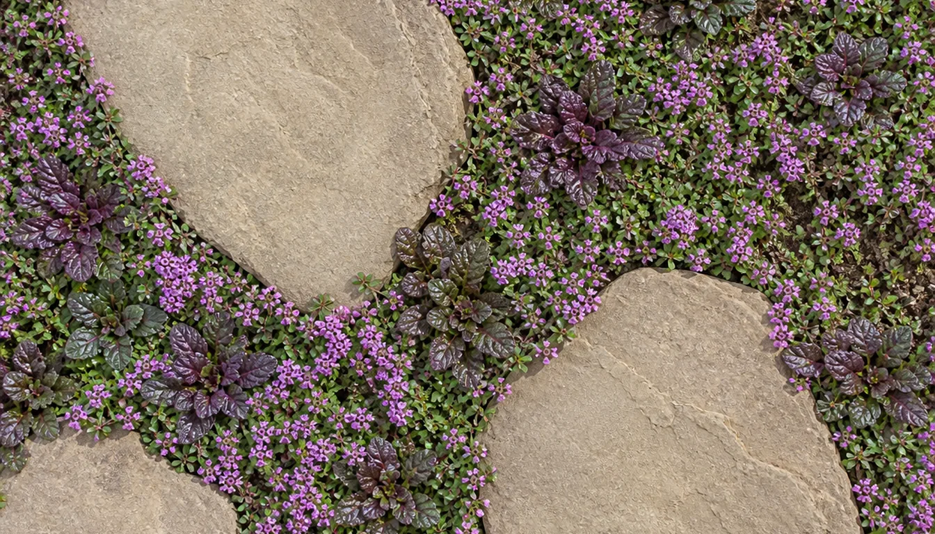 Creeping thyme and bronze ajuga growing between broad stone pavers