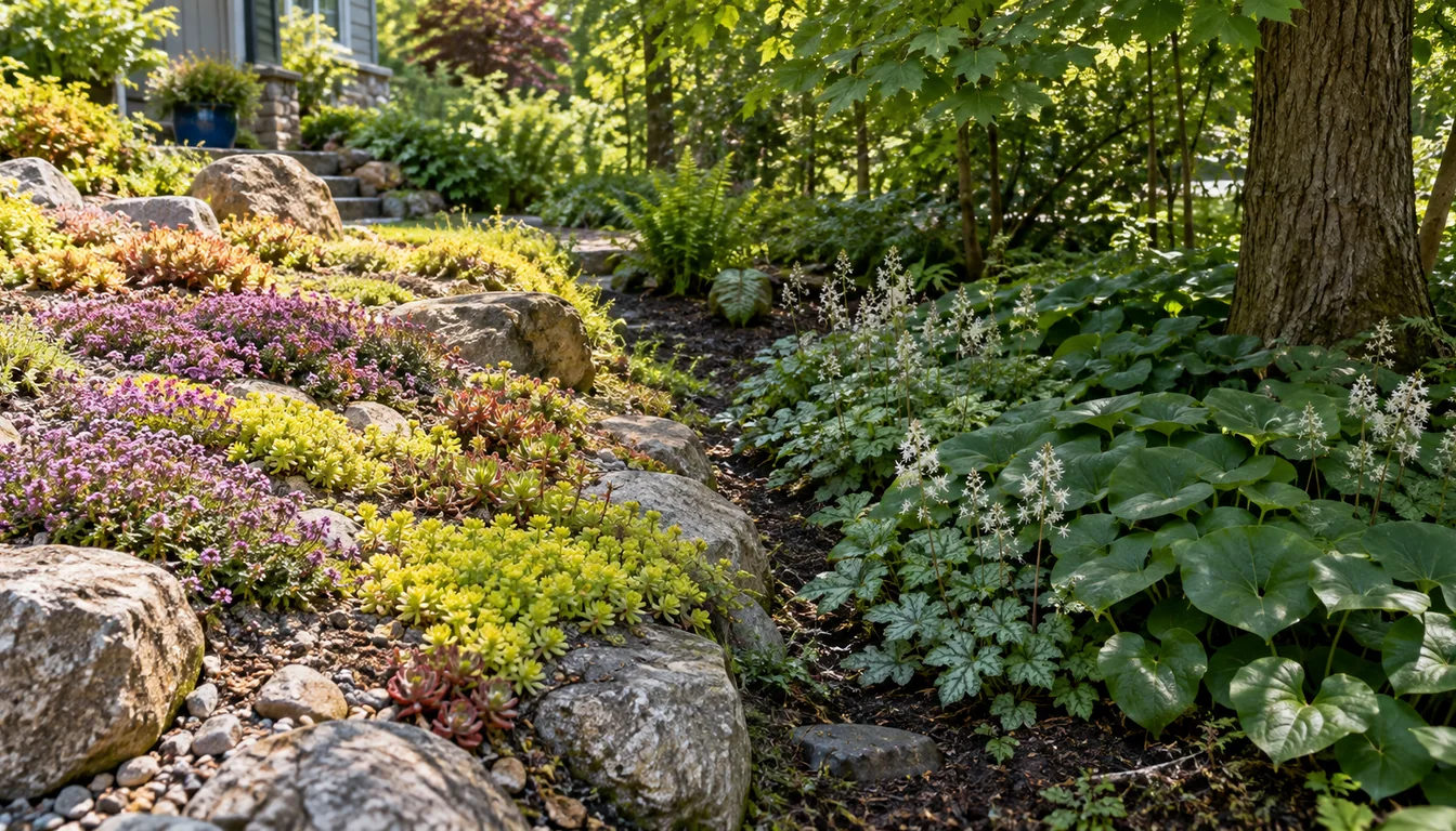 Sun-loving sedums and thyme beside rocks on one side of a garden and shade-loving foliage beneath a tree on the other