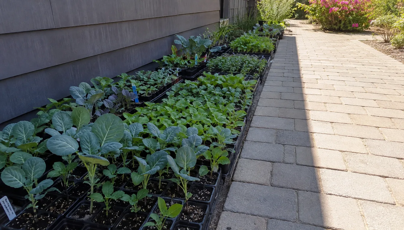 Rows of vegetable seedling trays standing in a band of shade tight against a house wall, with a hard shade line across the paving and the rest of the path in full sun beyond them