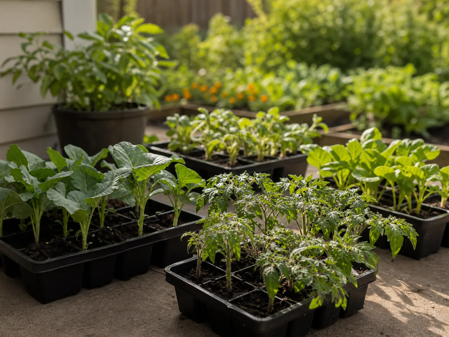 Seedling trays hardening off outdoors in filtered shade