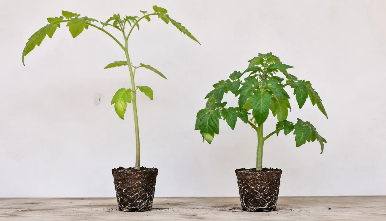Two tomato seedlings with exposed root balls, one tall and lightly branched and the other shorter and more densely branched.