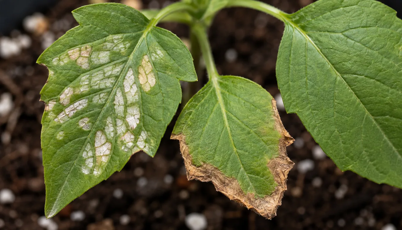 Three young leaves showing pale patches, brown margins, and an unmarked green surface.