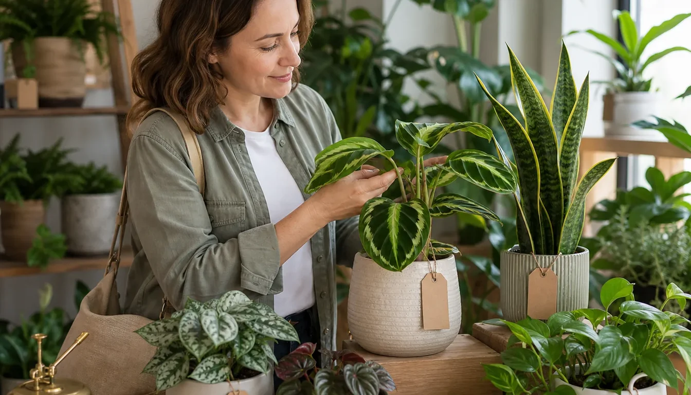 Houseplants on a floor and table in a room with the window visible, showing the space the plants have to live in rather than a shop display