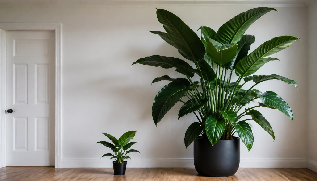 A small young plant in a shop-sized black nursery pot on a floor beside a fully mature specimen of the same species in a large floor pot reaching most of the wall height, with a door for scale