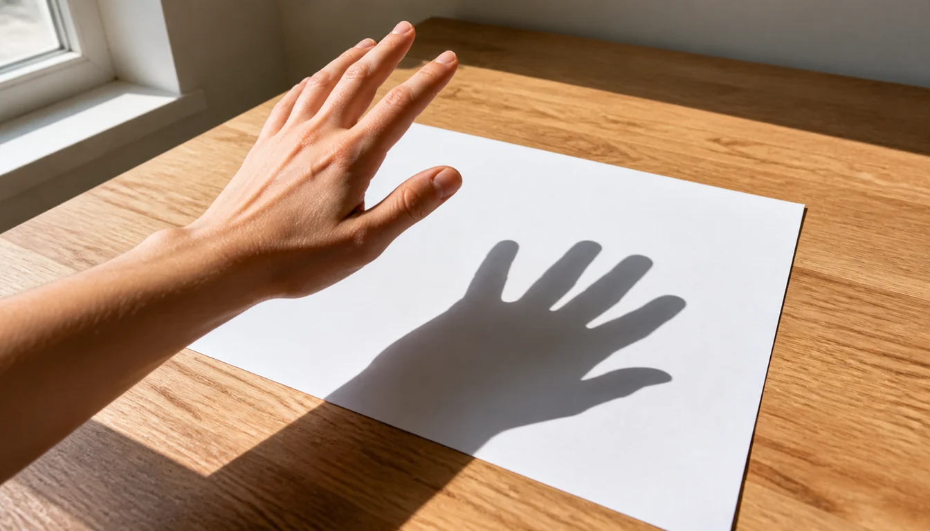 An open hand held about a foot above a sheet of white paper on a table by a window, casting a shadow with a crisp hard edge and clearly separated fingers